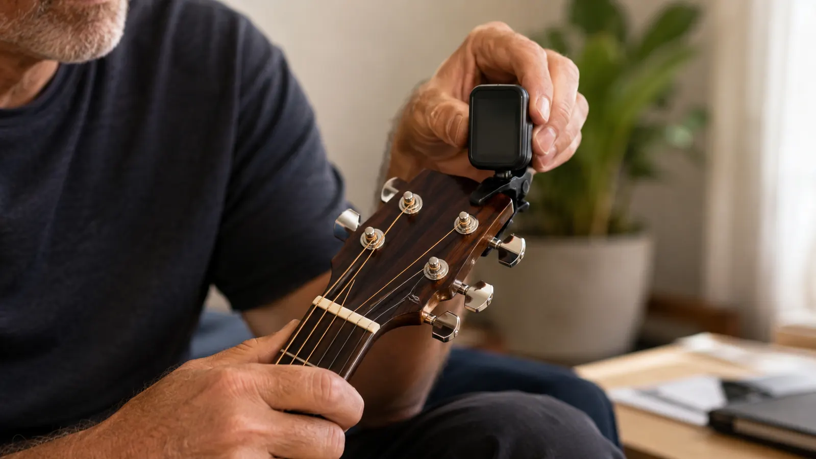 A hand clipping a small tuner onto a guitar headstock in a bright practice room