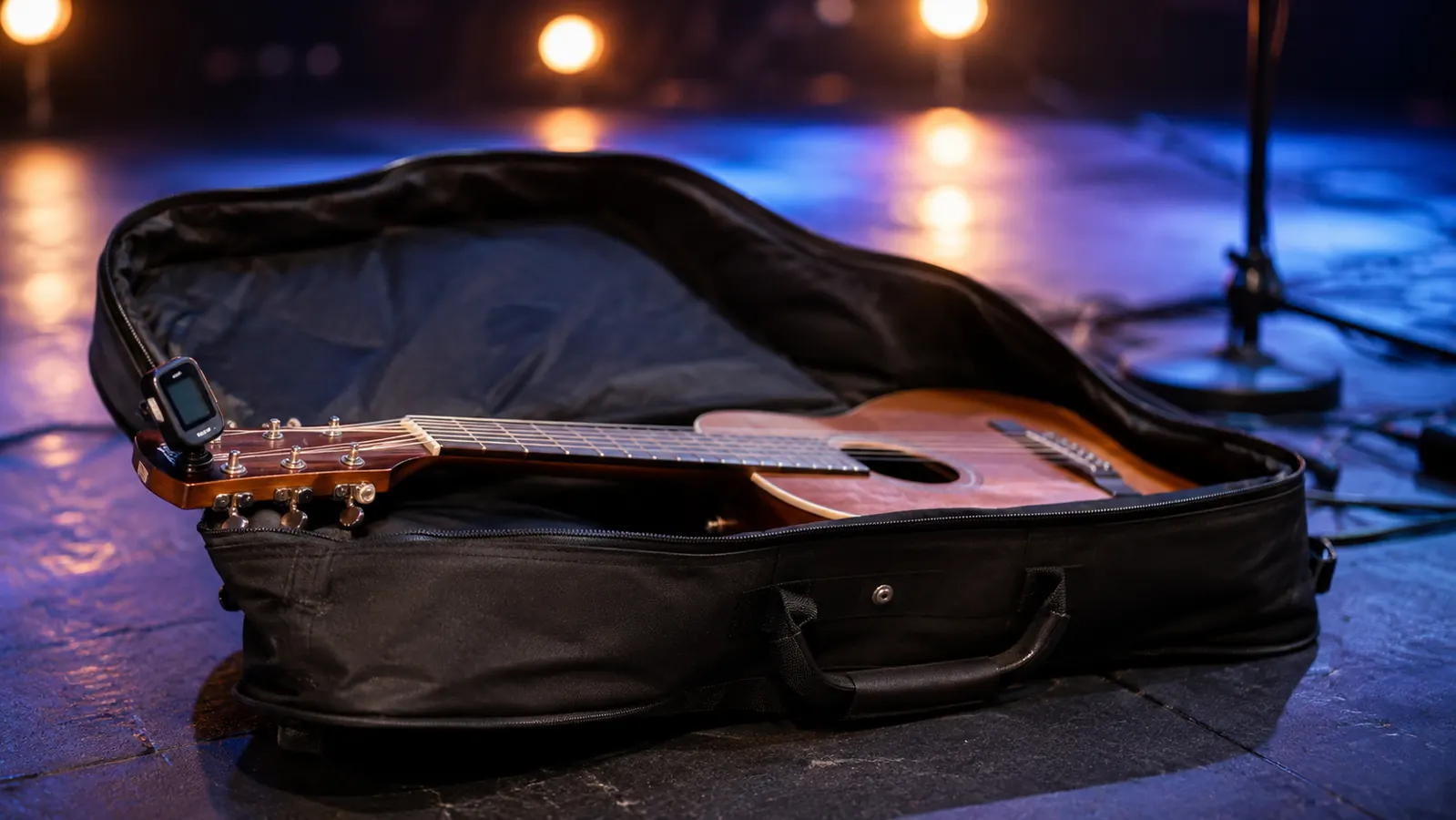An open gig bag on a stage floor holding an acoustic guitar, a small clip-on tuner on the headstock, blurred concert lights behind