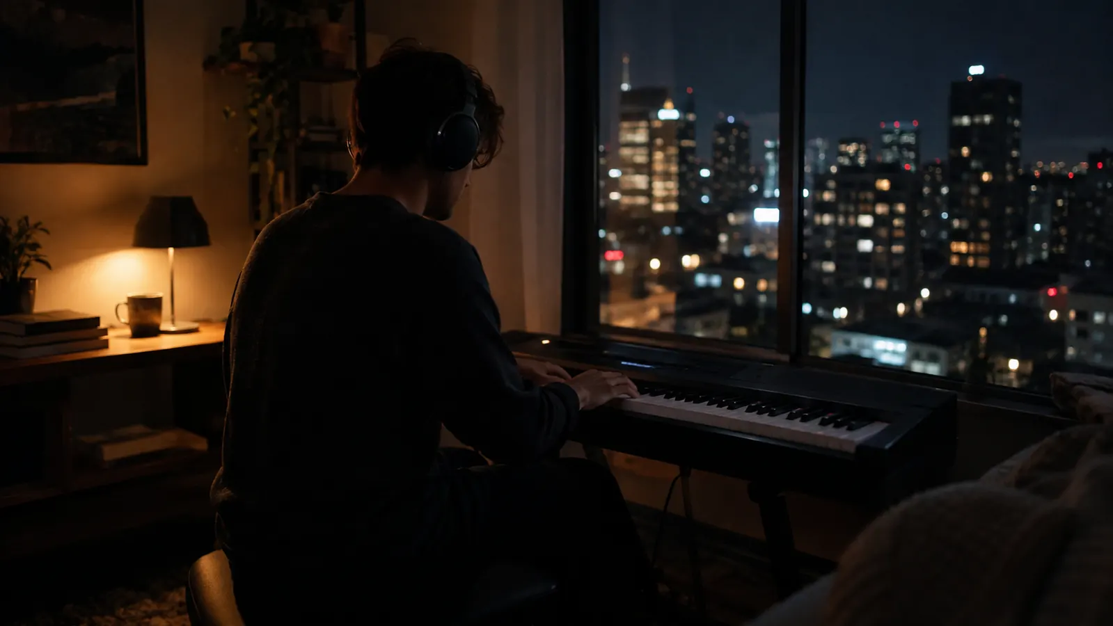 A musician practicing keyboard late at night wearing closed-back monitor headphones, only a small lamp lit in a dark apartment room with city lights in the window