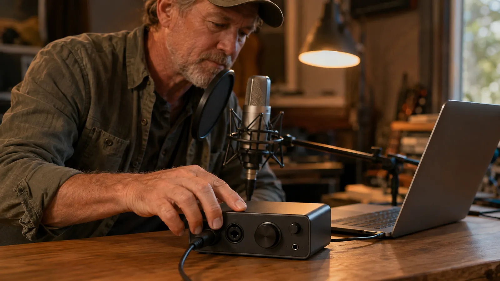 The audio interface on a wooden desk beside an open laptop, a mic cable plugged into it, a hand moving toward it to start a recording
