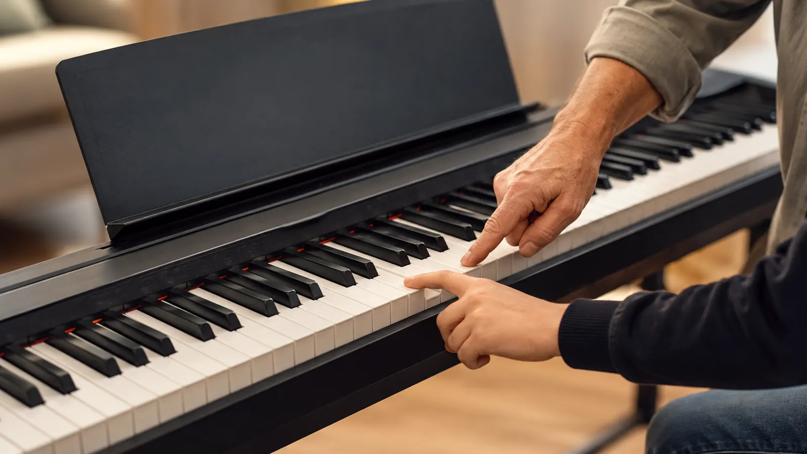 Close-up of a student's finger pressing a single key on an 88-key digital piano while a teacher's hand points at the same key during a lesson