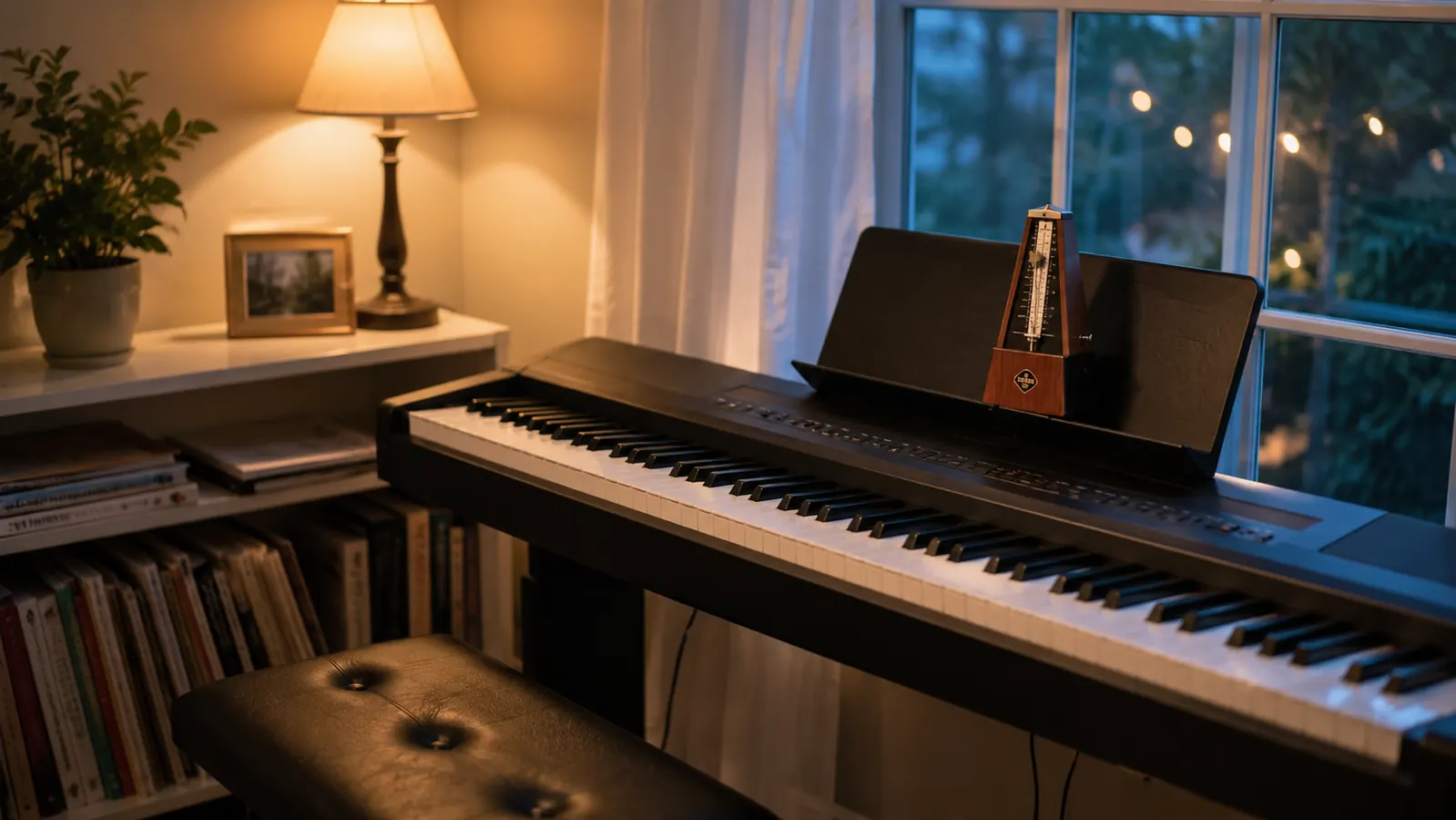 A tidy home practice corner with an 88-key digital piano by a window, a small metronome on top of the instrument, and a stack of method books on a shelf