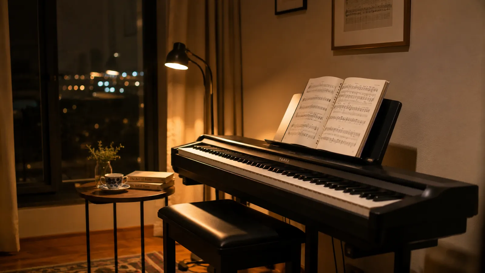 A home practice corner in the evening with a digital piano on a sturdy stand, an open sheet music book, a lamp, and a cup of tea