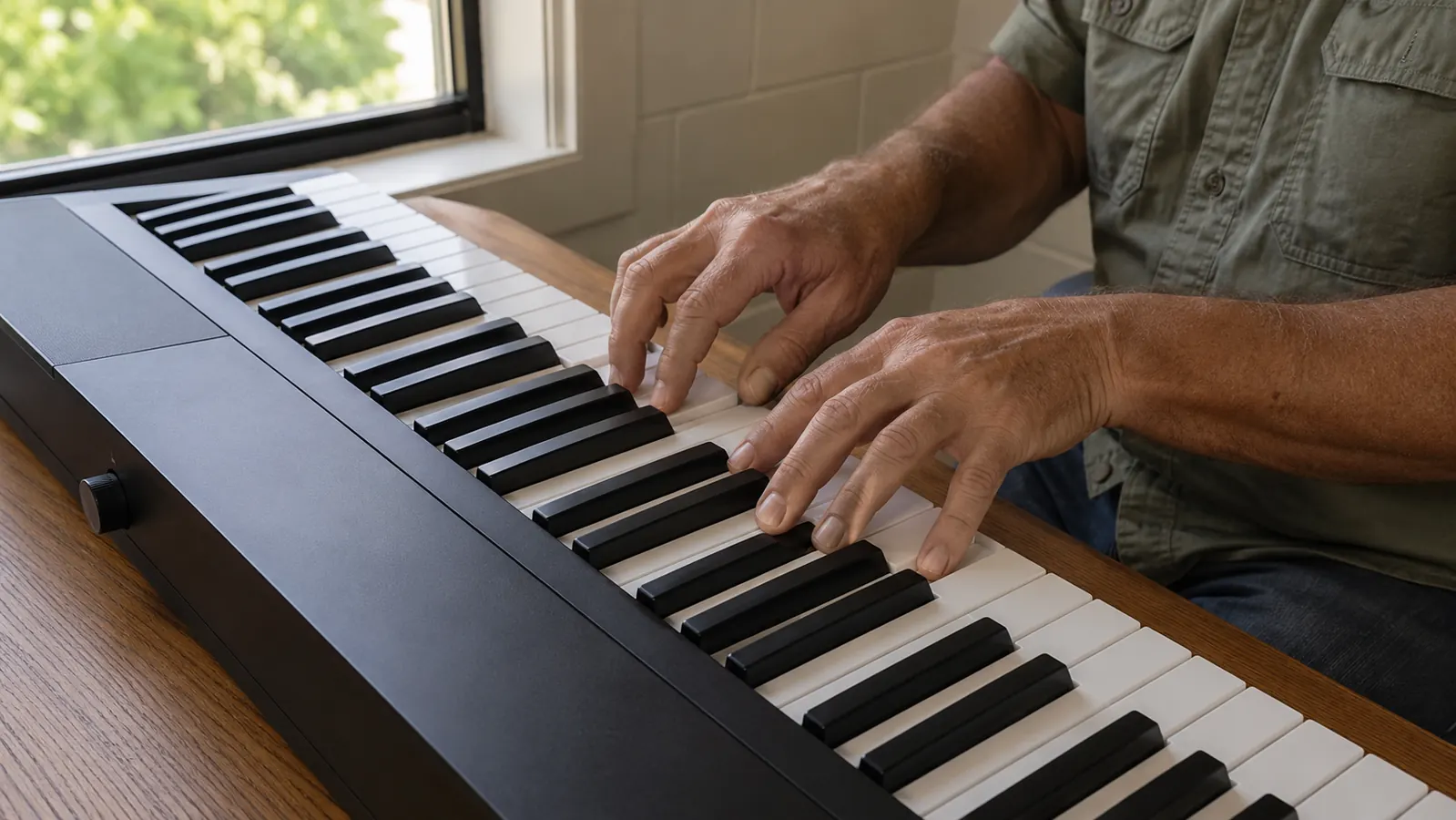 A young student's hands playing a simple chord on an 88-key digital keyboard, with the round volume knob just visible at the left edge of the frame.