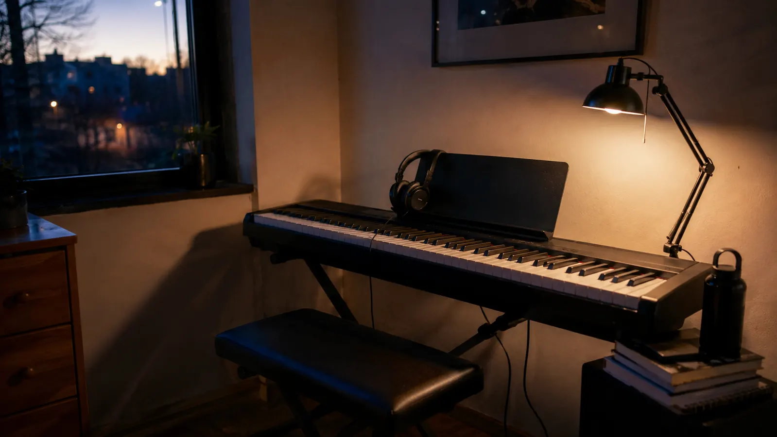 A home practice corner at dusk with a digital piano, an evening lamp, and headphones laid on the music rest