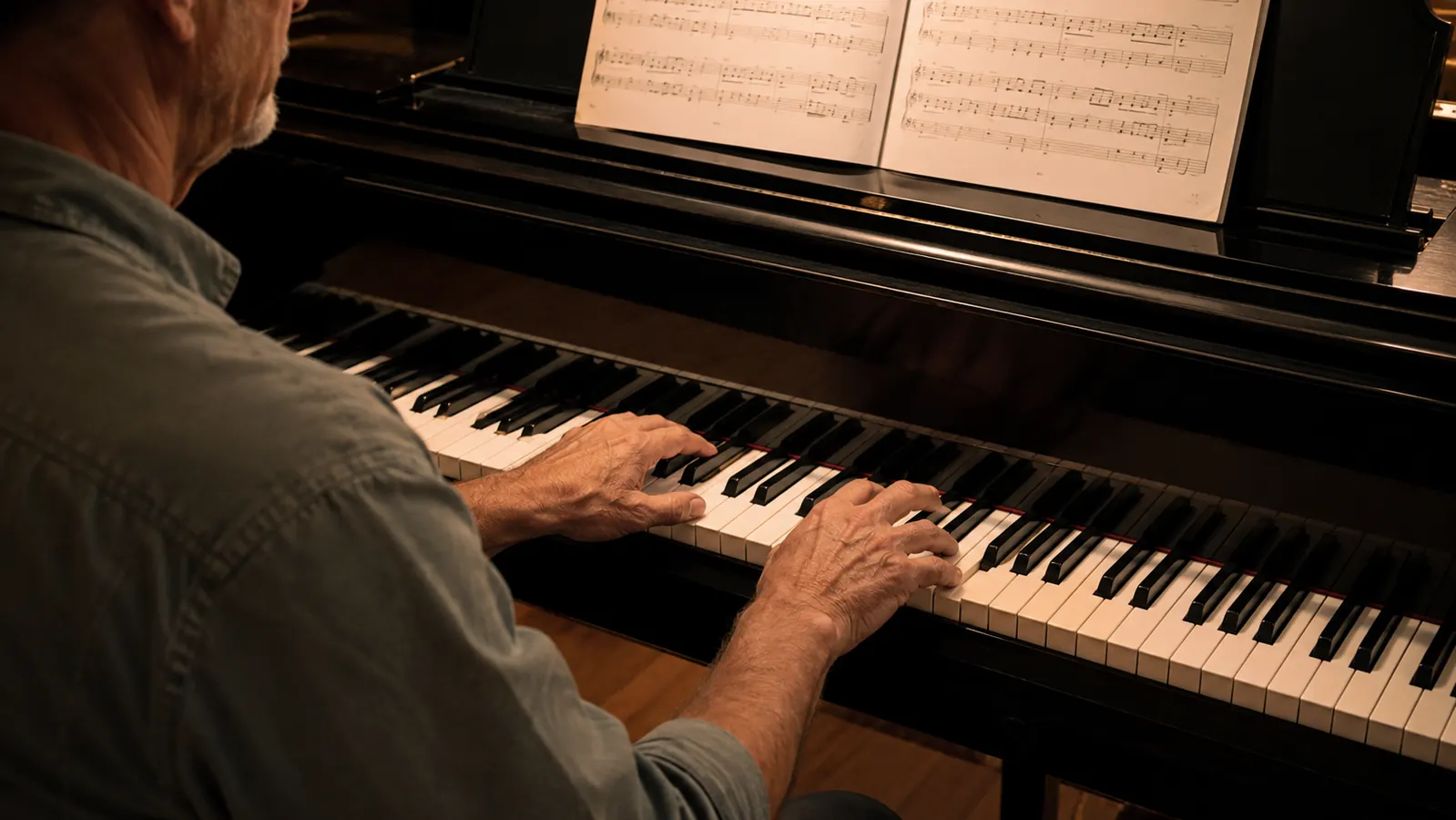 A student's hands play a two-handed chord on the Recital while open sheet music rests above the keys