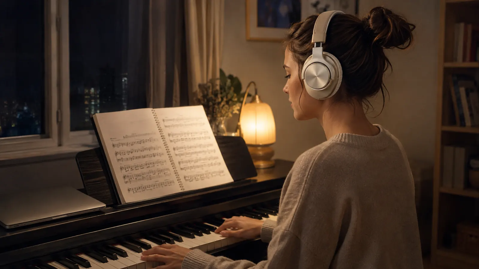 A woman at a digital piano wearing over-ear monitor headphones, reading a music book on the stand late at night.