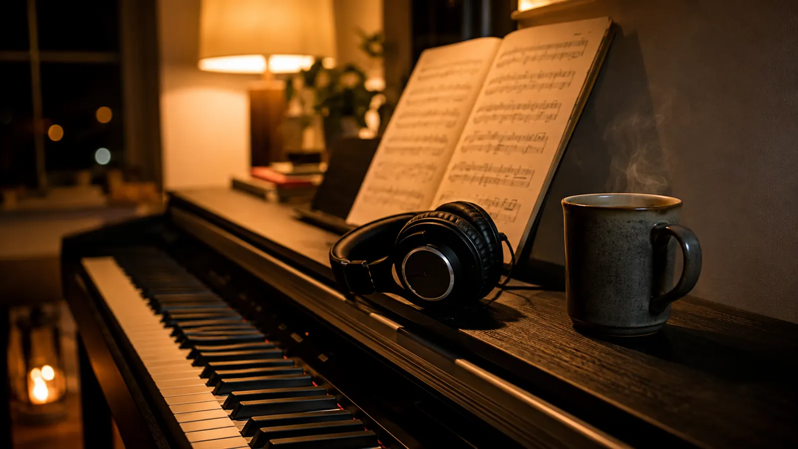 A pair of over-ear headphones resting on a digital piano beside a steaming mug of tea, sheet music open on the stand.