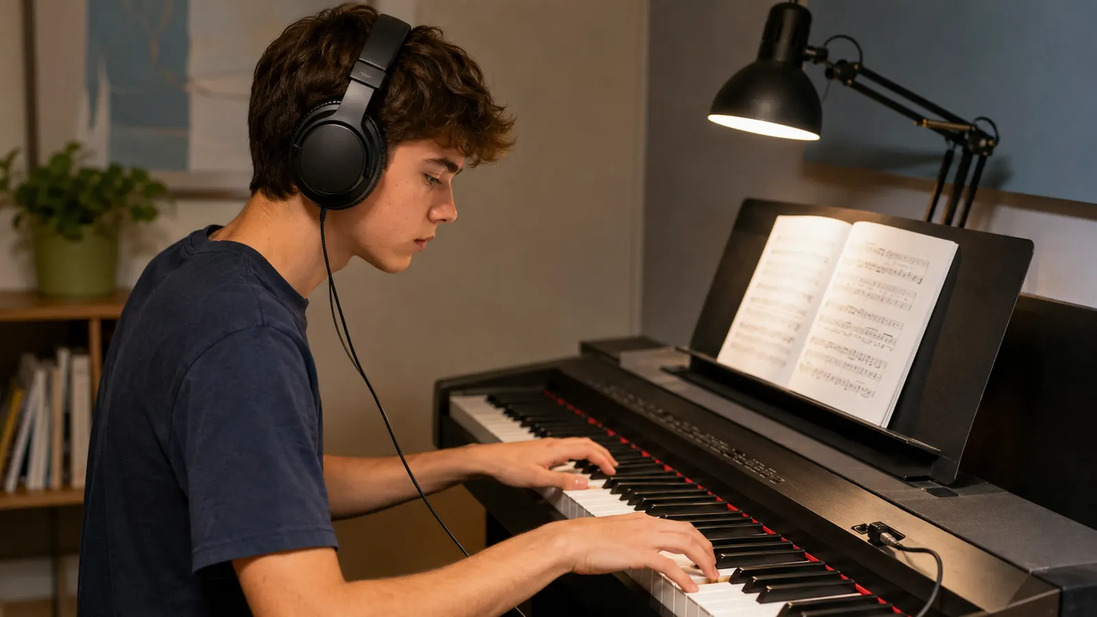A teenage student wearing the ATH-M20x headphones while practicing scales at a digital piano.