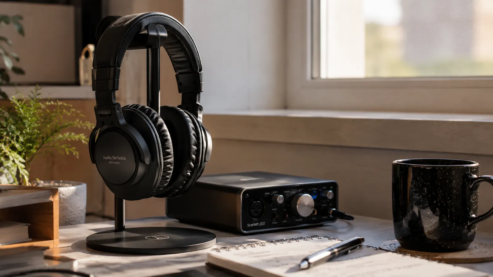 A pair of monitor headphones hanging on a stand beside a small audio interface on a studio desk.