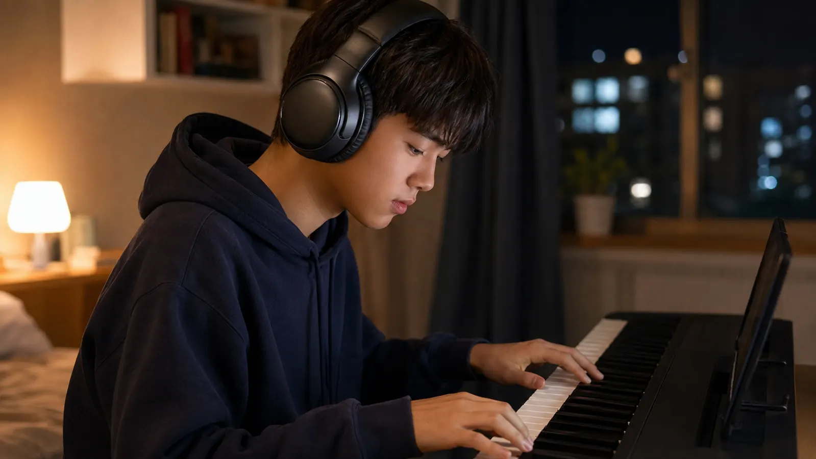 A student wearing black Audio-Technica headphones practices piano at night in a small apartment, lit only by a bedside lamp.