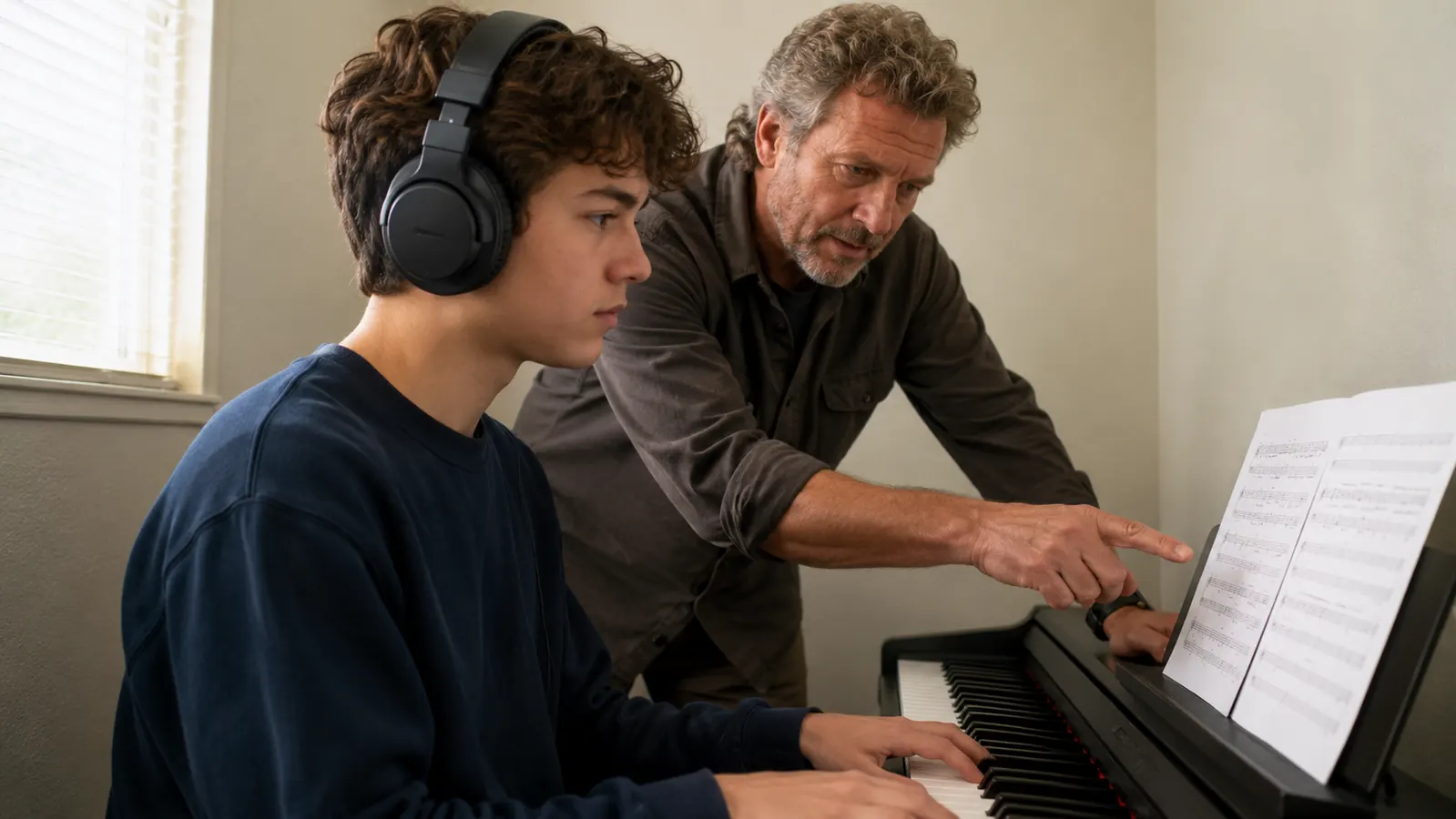 A student wearing the ATH-M20x headphones at a digital piano, a teacher leaning in to point at the sheet music.