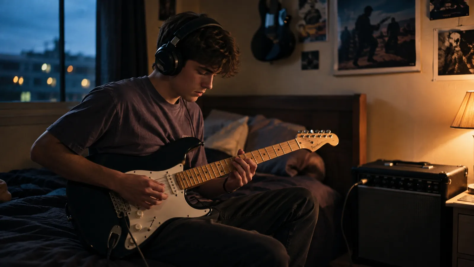 A teenager playing an electric guitar while wearing headphones in a dimly lit bedroom at dusk, a practice amp on the floor nearby.