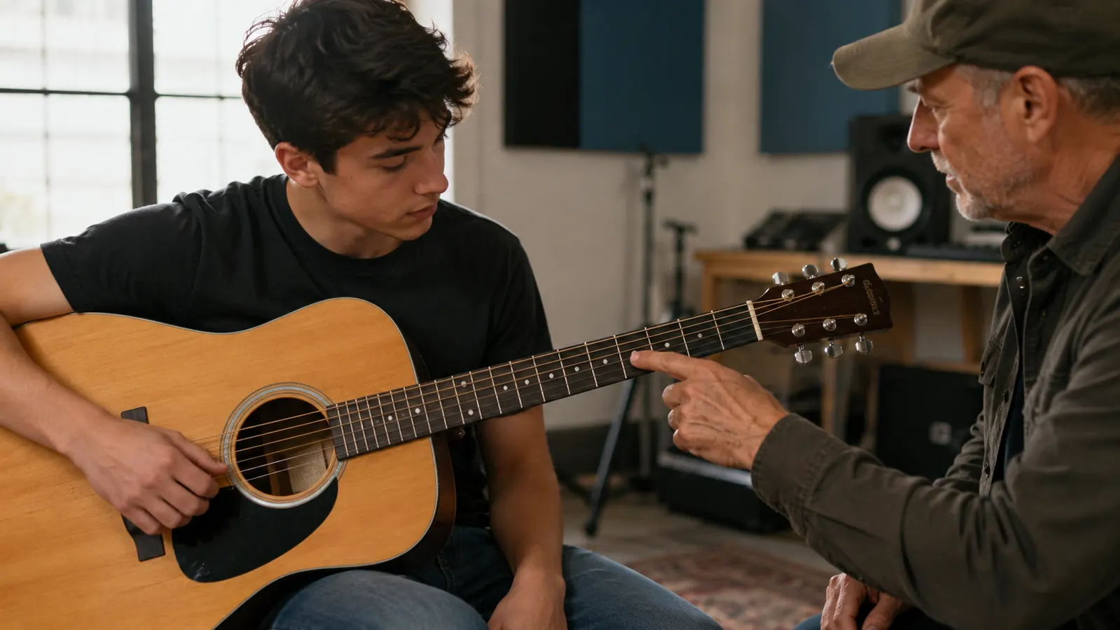 A teacher's hand showing a chord shape on the fretboard to a student holding the Fender CD-60S acoustic guitar