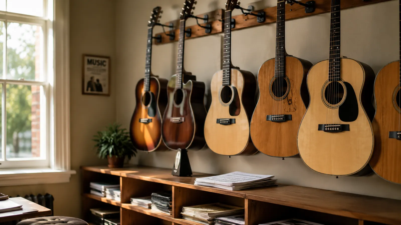 A rack of acoustic guitars in a teaching studio with a metronome and sheet music nearby