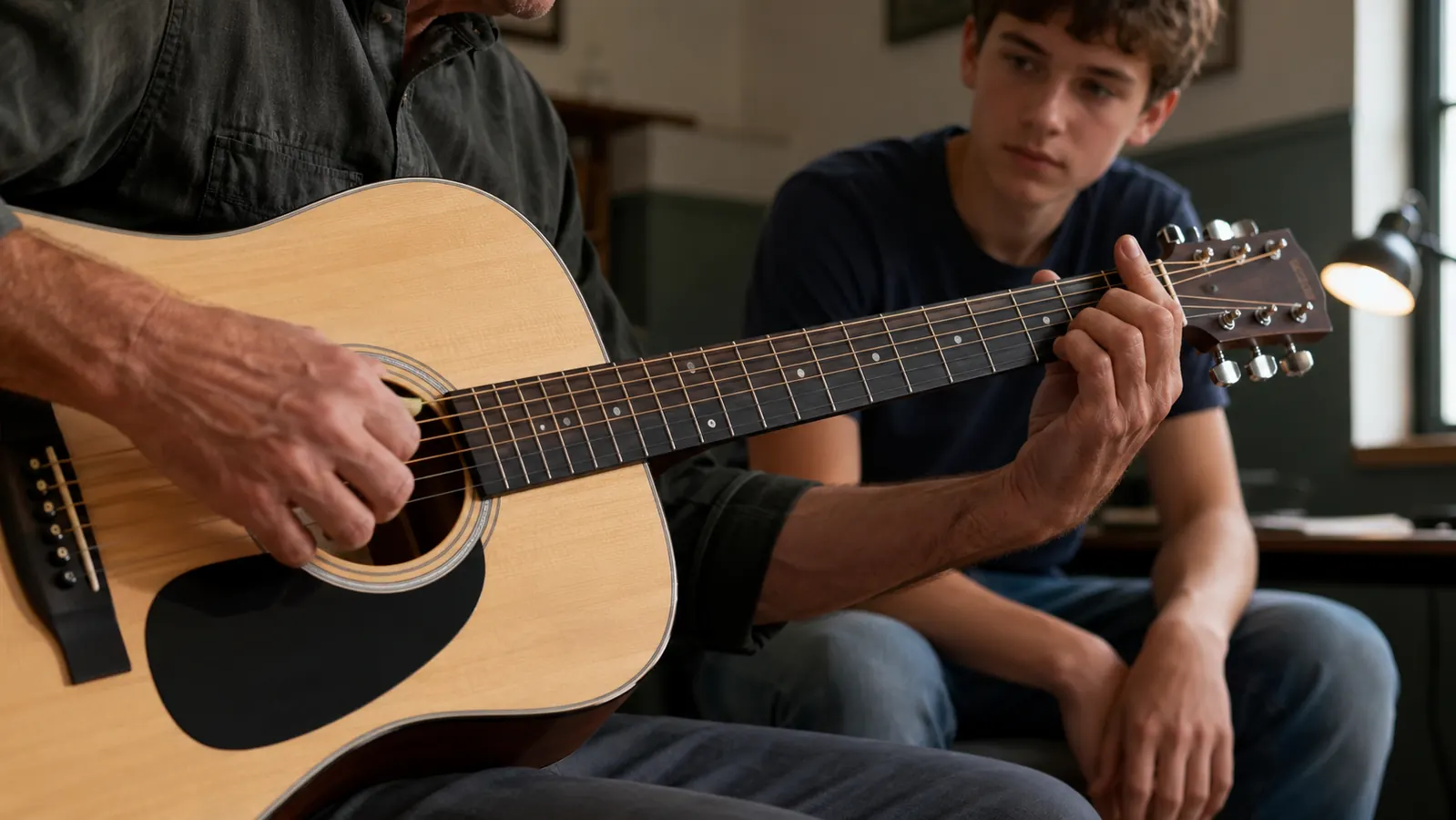 A teacher's hands fret a chord on the CD-60S during a lesson.
