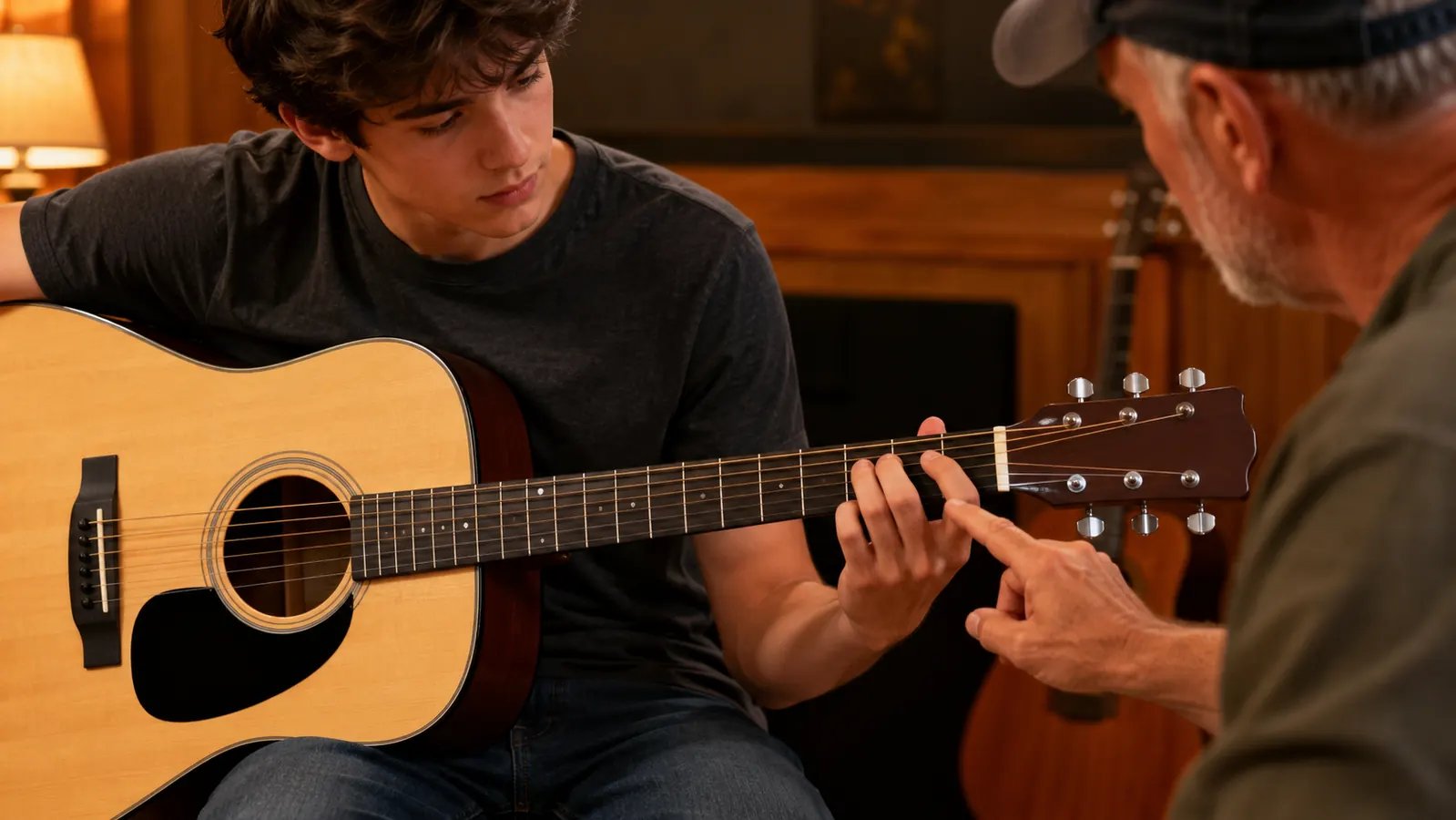 A Fender CD-60S acoustic guitar held on a teenage student's knee during a one-on-one lesson