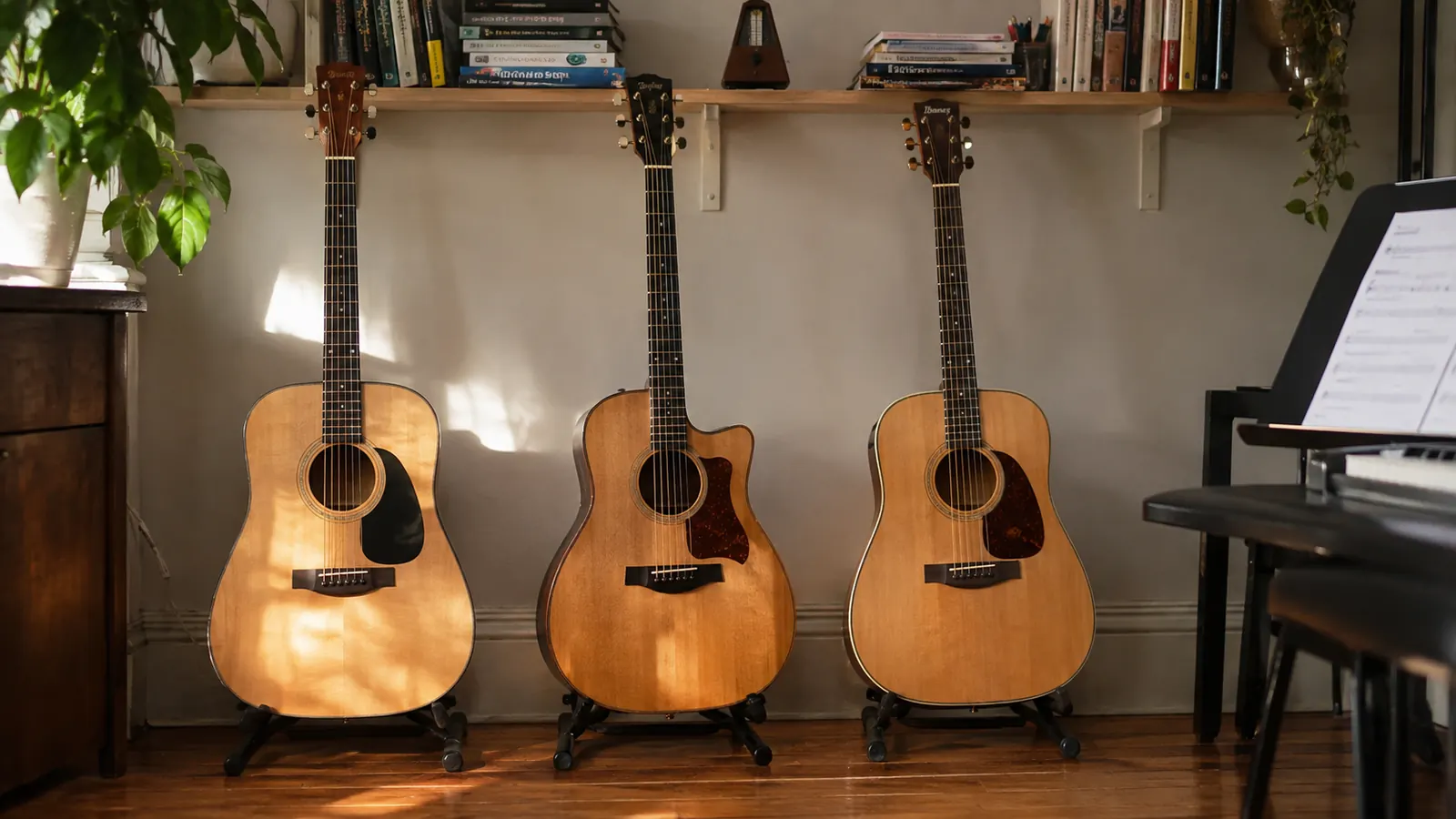 Three acoustic guitars resting on floor stands along a sunlit teaching studio wall