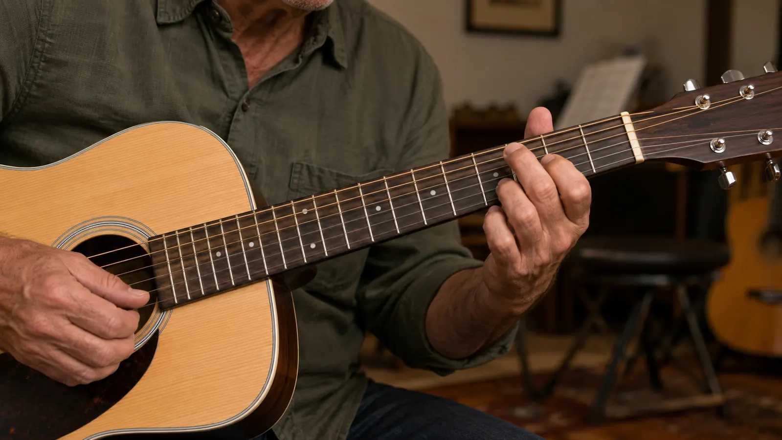 A teacher's hands fretting first-position chords on an acoustic guitar during a lesson in a warm studio