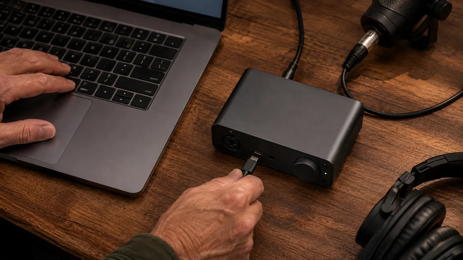 Compact audio interface on a desk beside a laptop, with a USB-C cable plugged in and a microphone cable attached