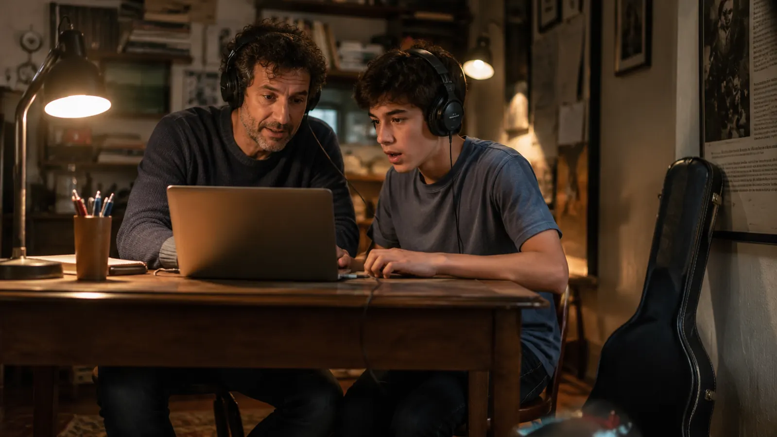 Teacher and teen student side by side at a desk, both wearing headphones, listening to a playback together