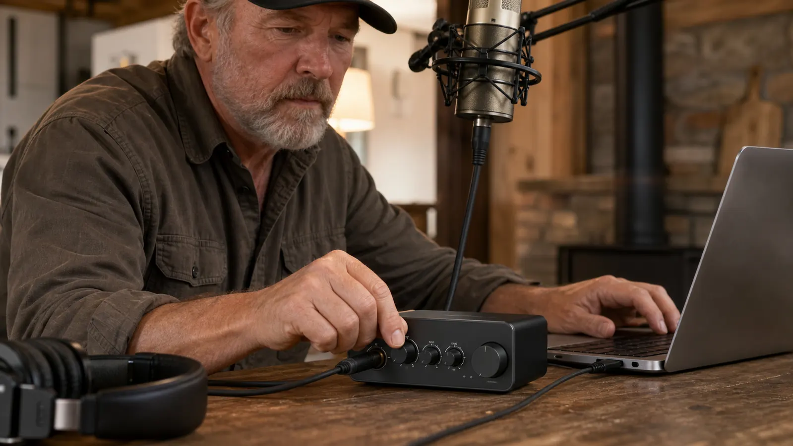 A hand reaching to turn the gain knob on the small audio interface on a wooden desk while a microphone cable runs toward a boom stand