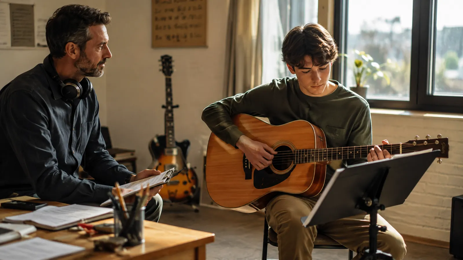 A teacher standing a few feet back from a young guitarist at a music stand, clipboard in hand and headphones around the neck, in a sunlit practice room