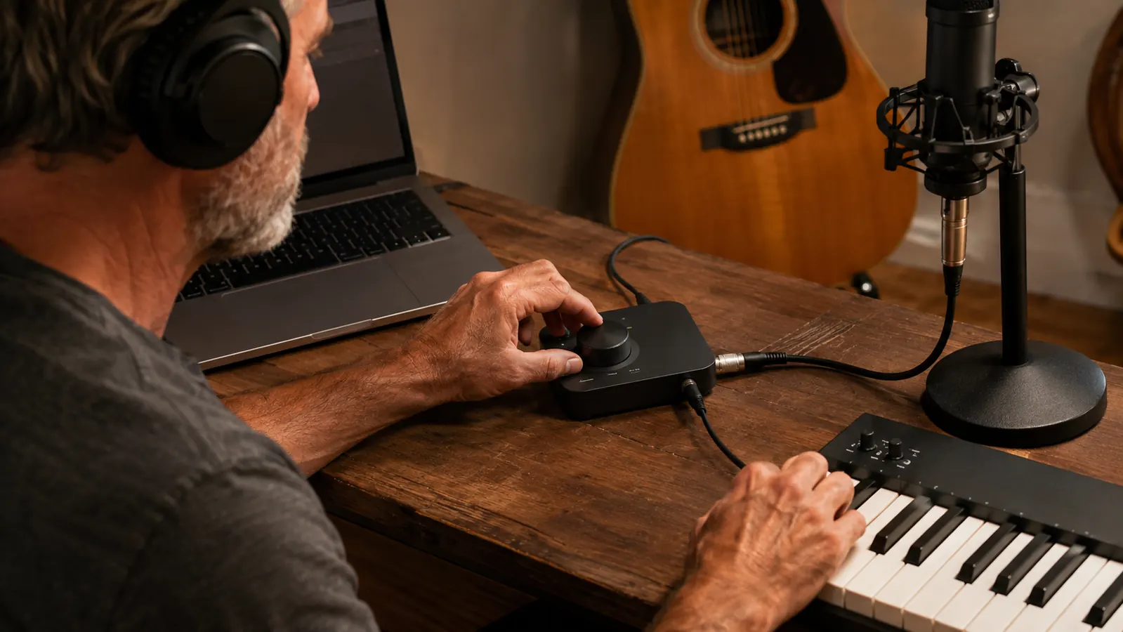 A small audio interface on a desk connected to a laptop by a USB-C cable, near a keyboard, with a microphone on a stand
