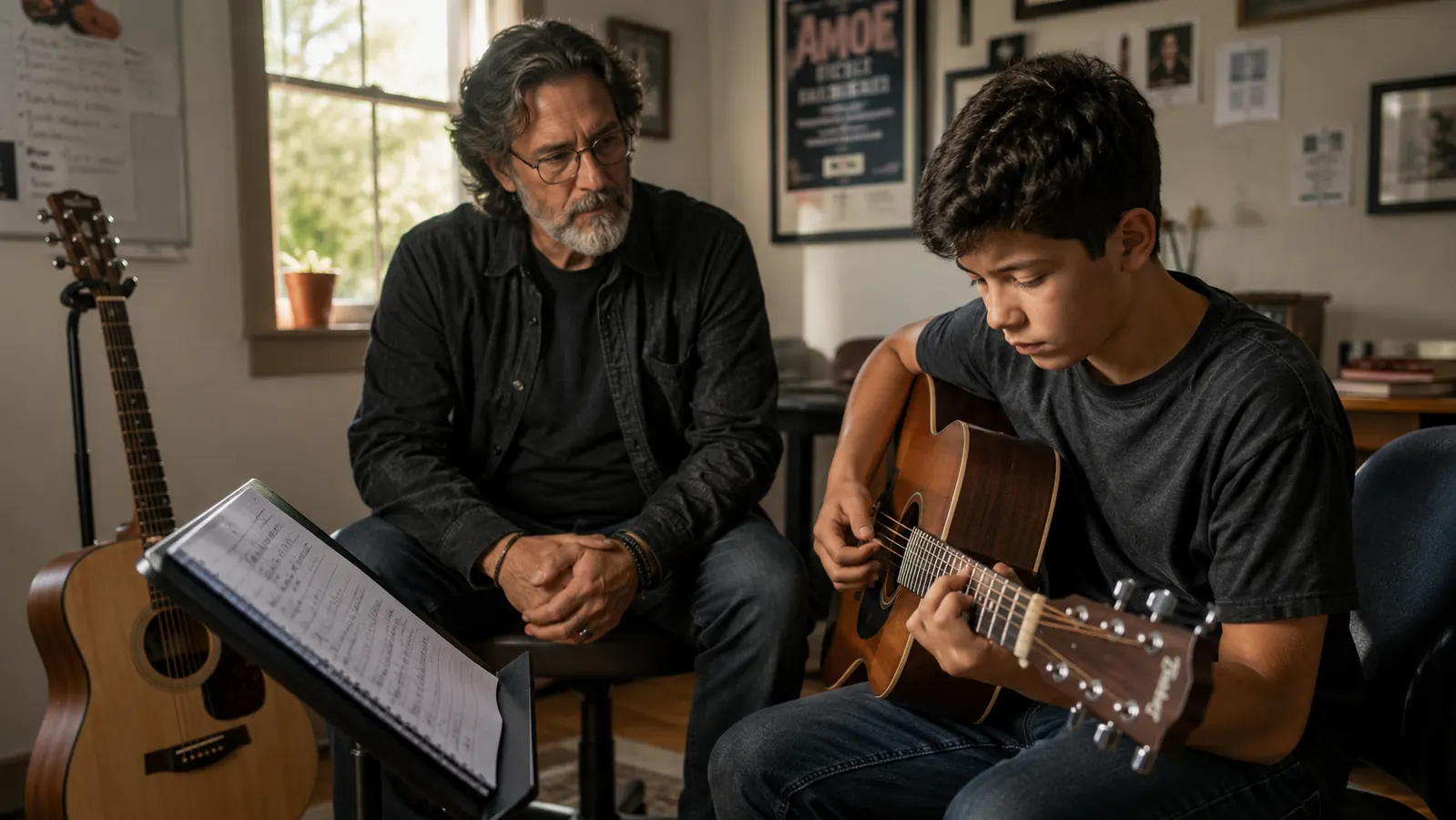 A teacher watching a student play guitar in a practice room, with a second guitar on a stand nearby