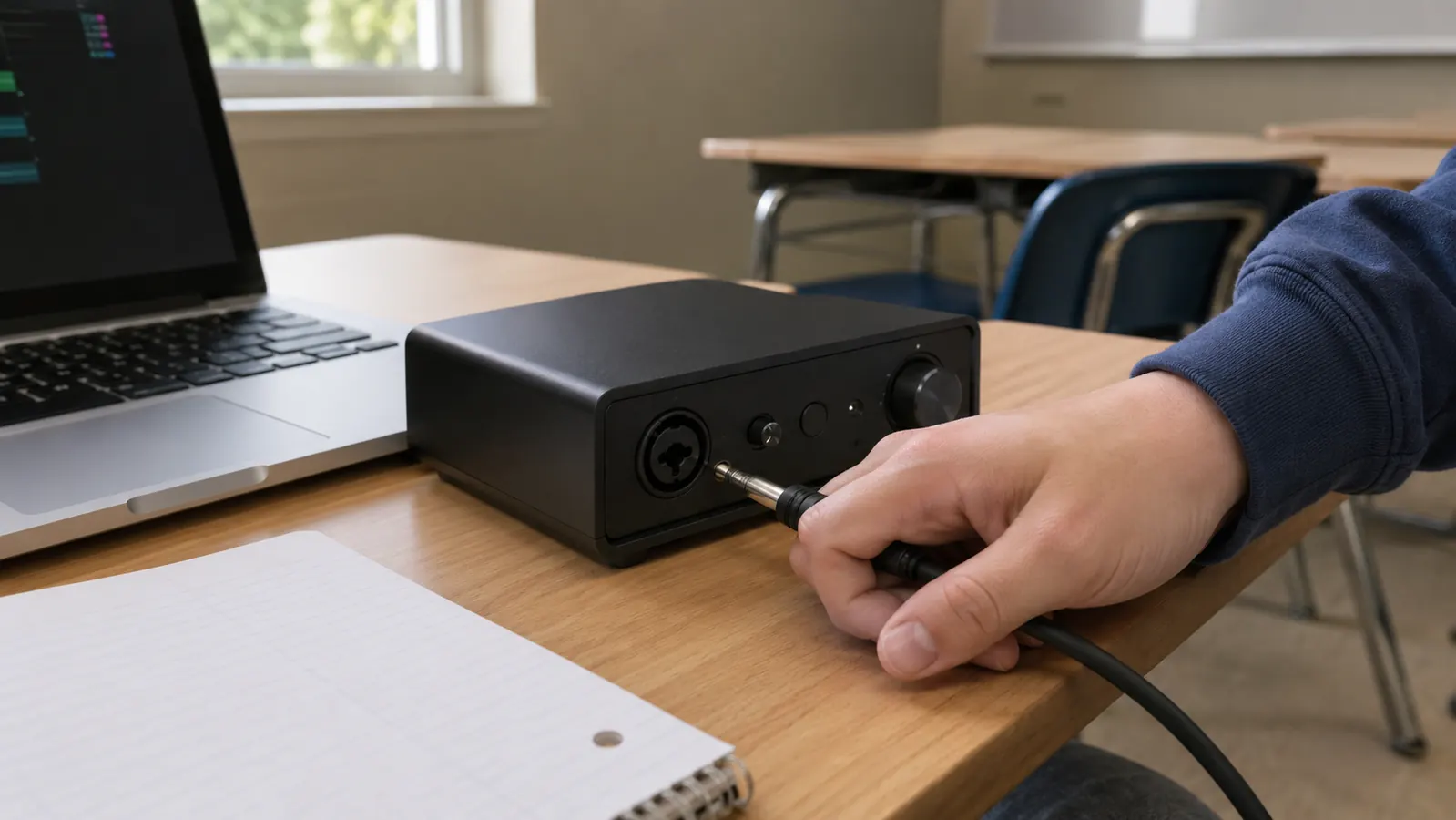 A student's hand plugs an instrument cable into the front of an audio interface on a teaching desk, laptop open beside it.