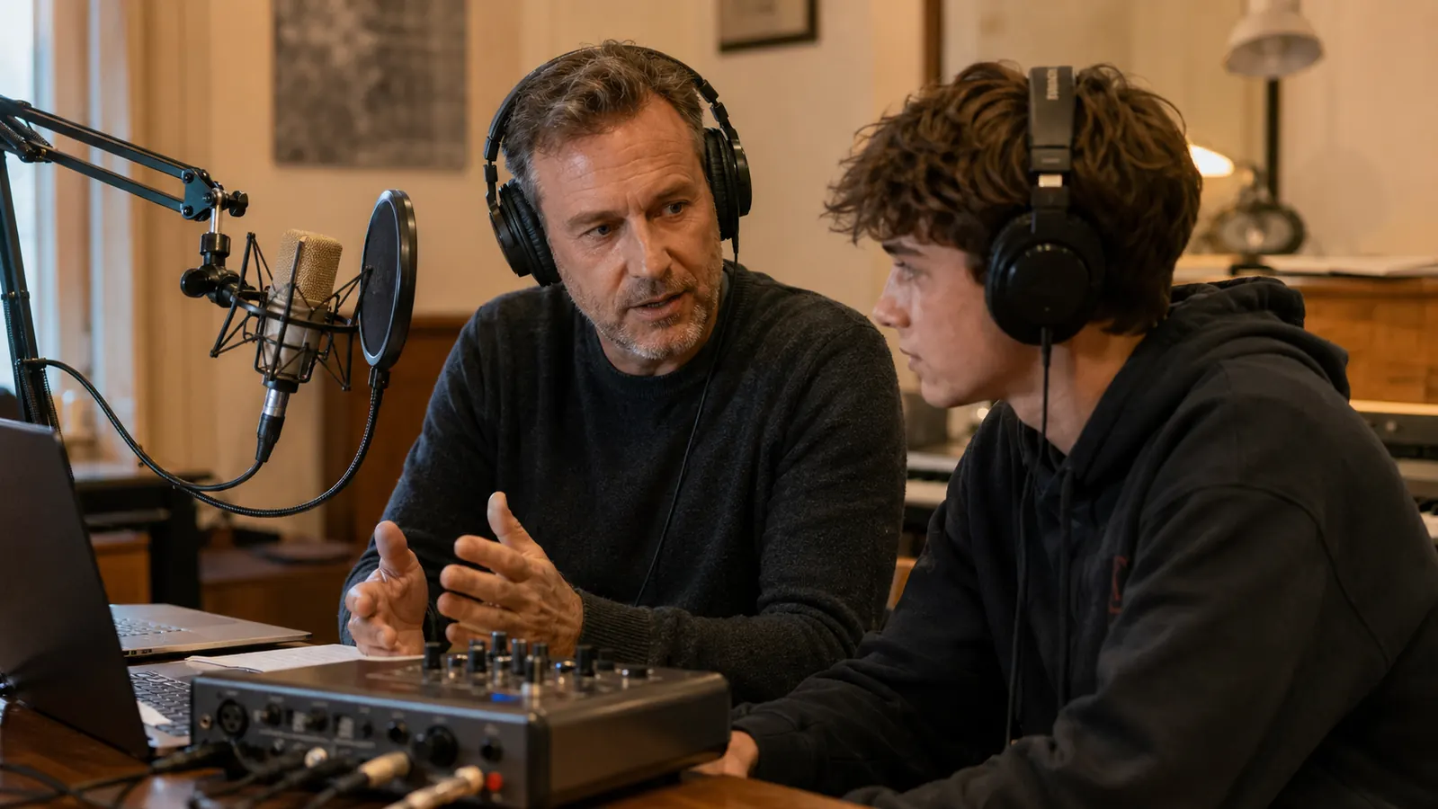 A teacher and a teenage student sit at a desk wearing headphones, an audio interface on the desk between them and a microphone on a stand nearby.