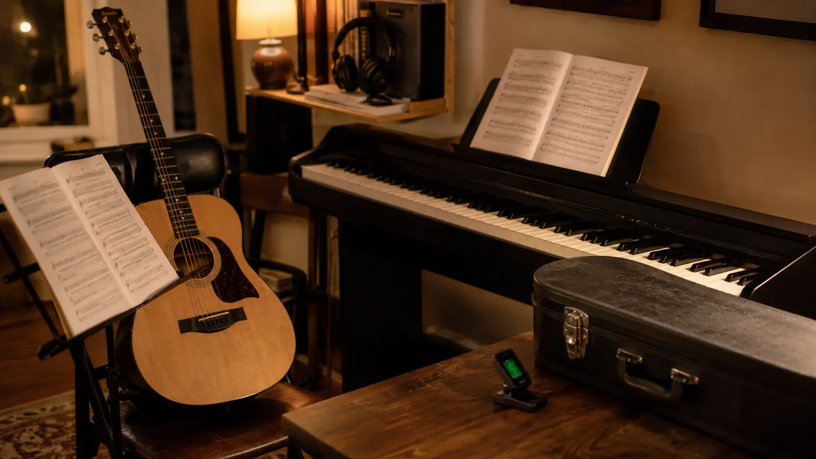 An acoustic guitar on a stand beside an 88-key digital piano, with open sheet music, a clip-on tuner, and studio headphones in a warmly lit practice room