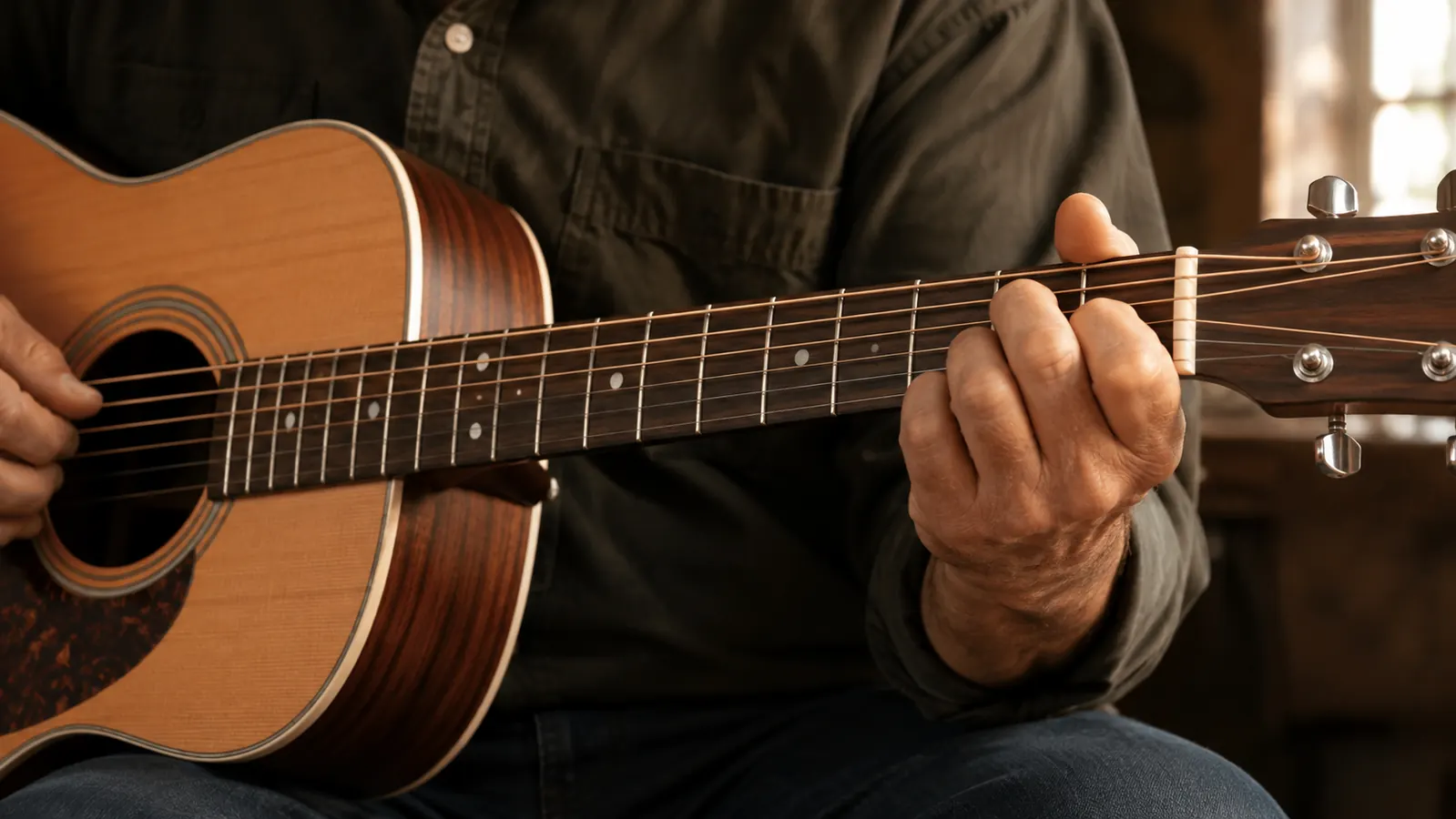 A hand fretting a first-position chord low on the neck of the Fender CD-60S acoustic guitar