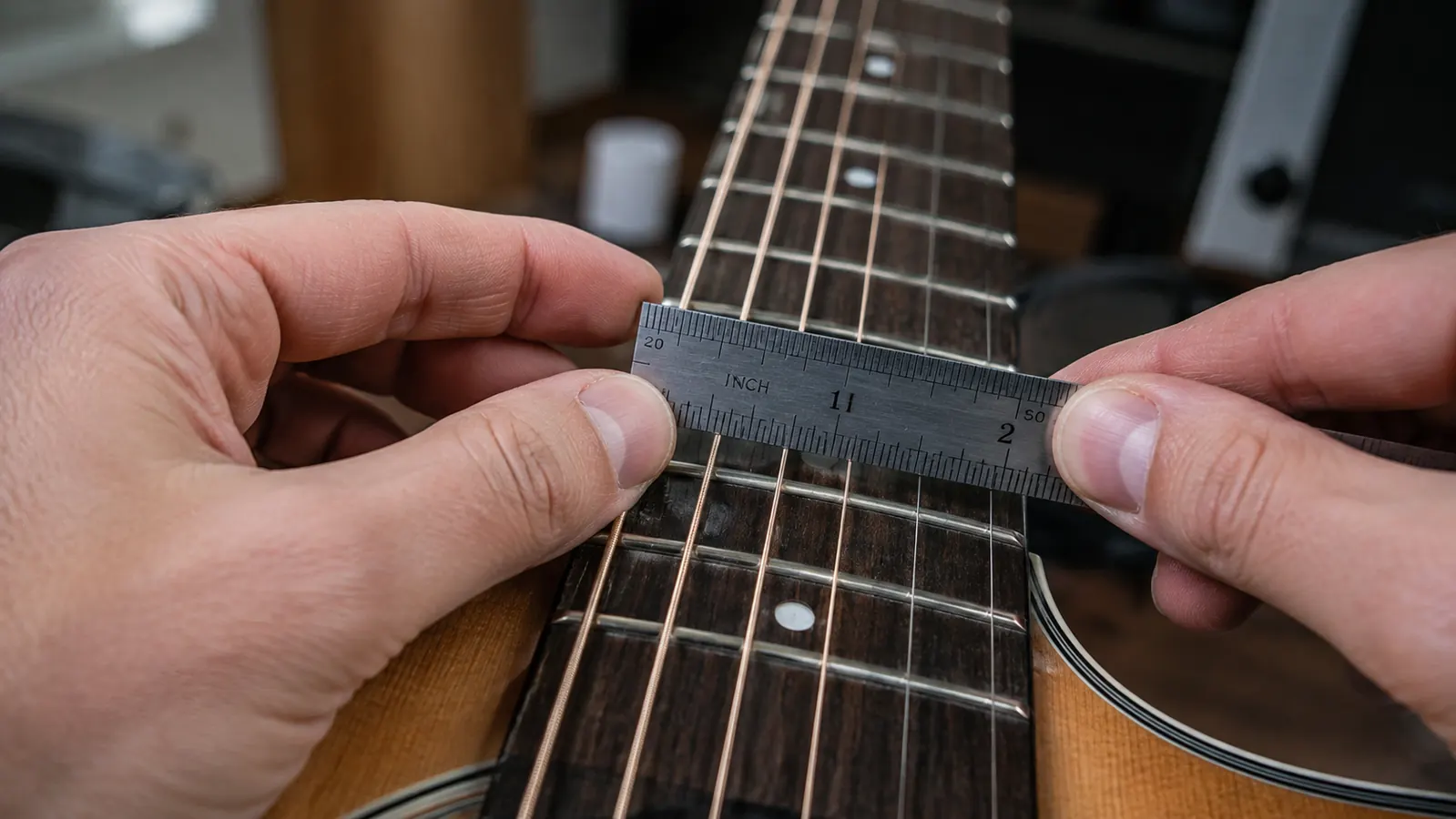 Hands measuring the string height at the 12th fret of an acoustic guitar with a small silver ruler