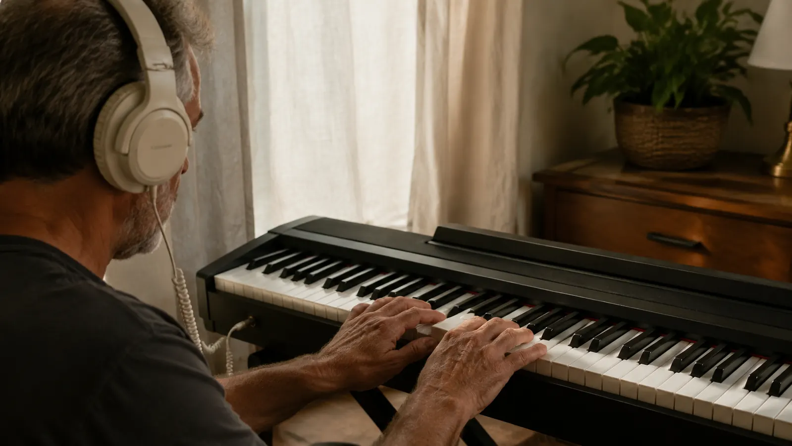 Close view of a pianist's hands on the keys with the headphone cable running back toward the keyboard's headphone jack