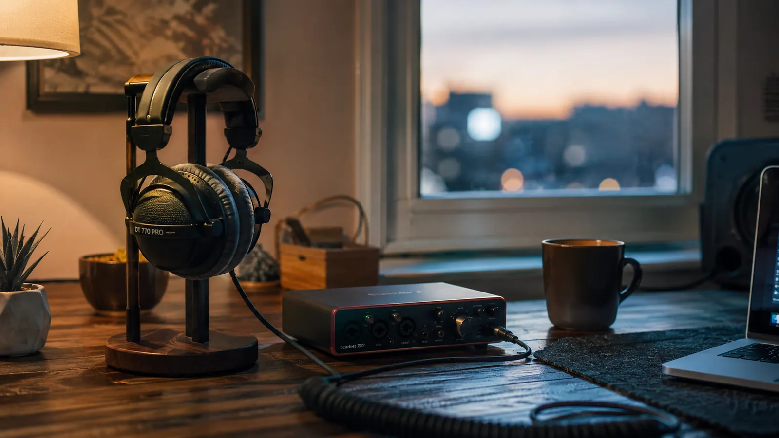 A tidy practice desk with an audio interface, a coiled cable, and headphones resting on a stand in evening light