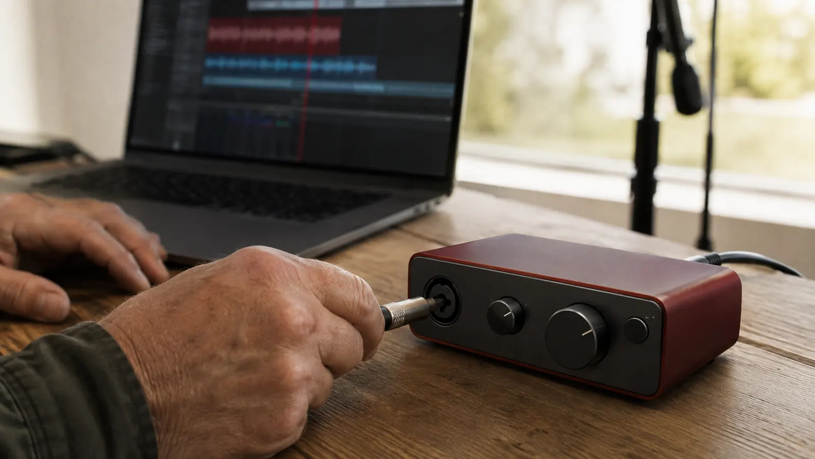 A hand plugging an instrument cable into the side of a compact audio interface on a desk next to an open laptop showing recording software