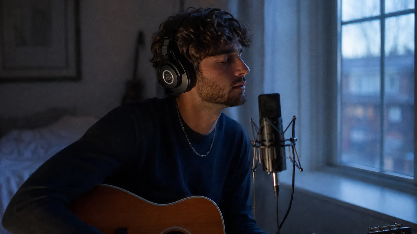 A musician with monitor headphones singing close to a microphone with a guitar in a quiet room at blue-hour window light
