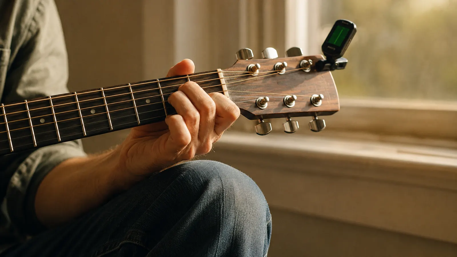 An open G chord strummed on an acoustic guitar resting on a player's knee, clip-on tuner still on the headstock