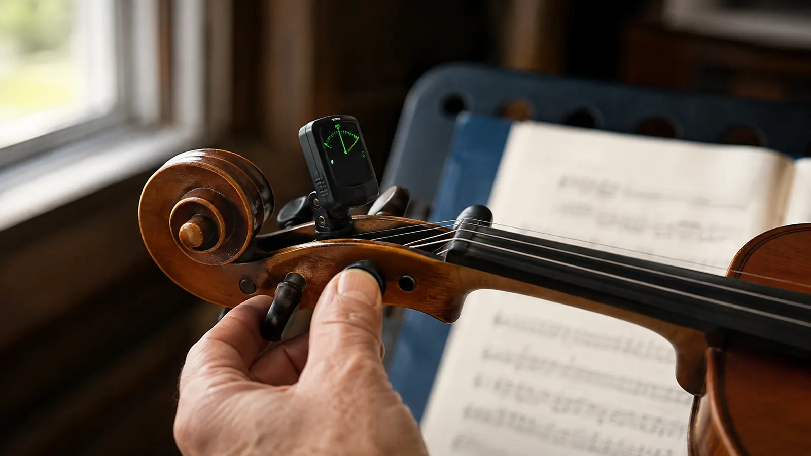 Close shot of a teacher's fingers turning a viola peg while a small clip-on tuner with a centered needle is attached to the pegbox