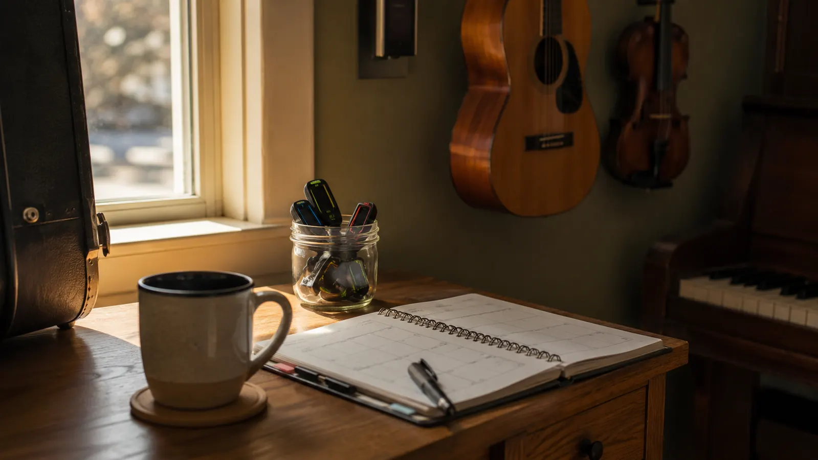 A teacher's desk corner by a studio window holding a coffee mug and a small glass jar filled with clip-on tuners