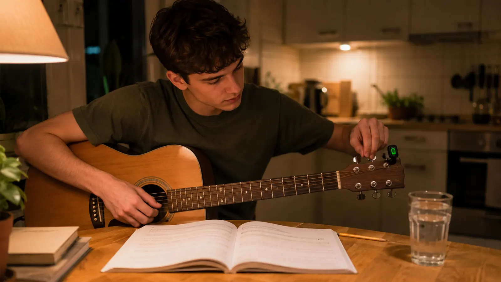 A young student tuning an acoustic guitar at a kitchen table in the evening, the tuner clipped to the headstock beside the tuning pegs
