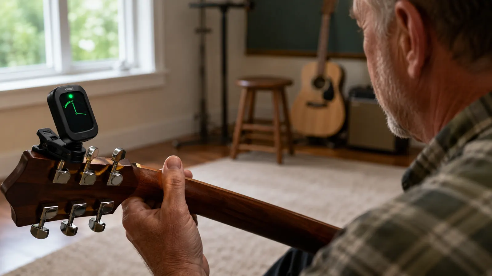 A clip-on tuner attached to the headstock of an acoustic guitar in a practice room, the display facing the player