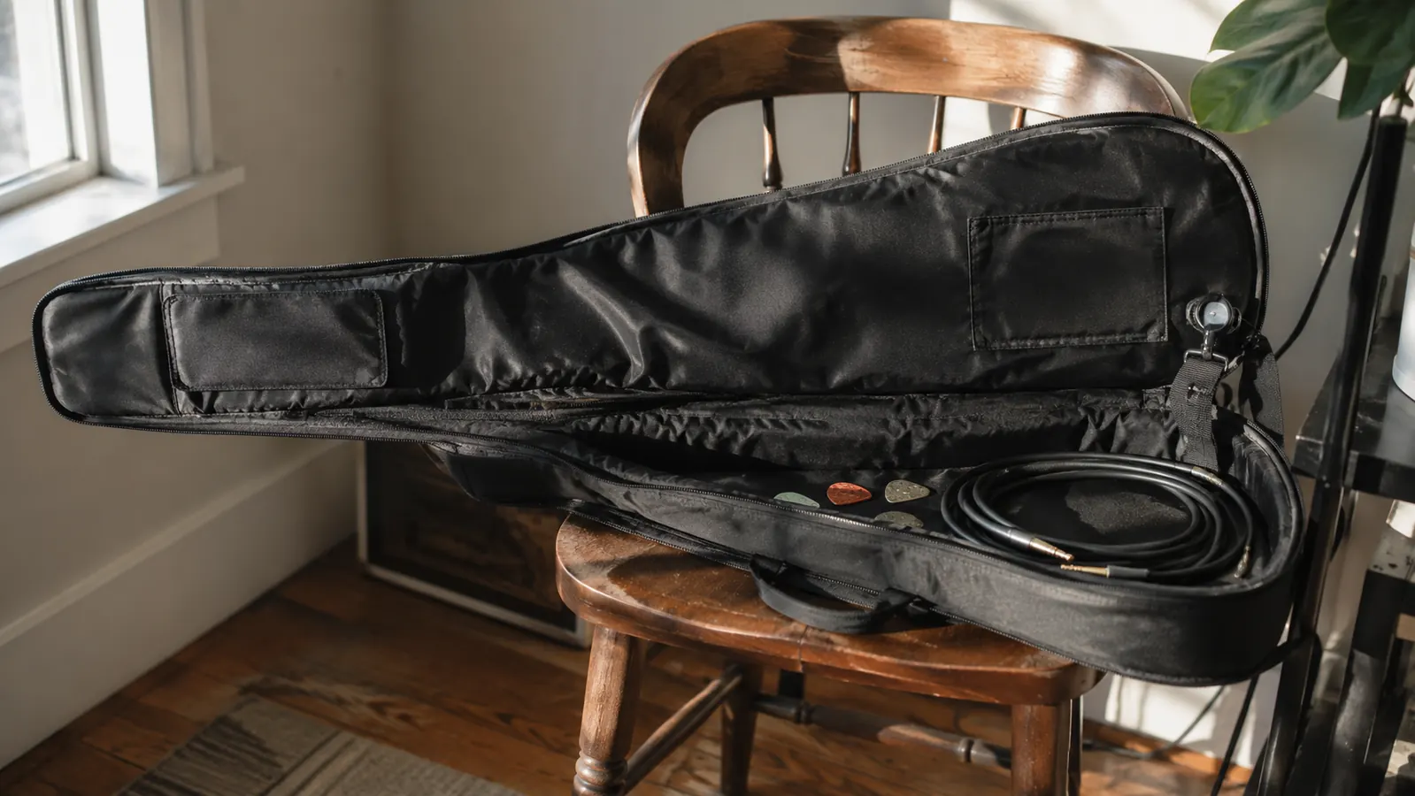 An open gig bag resting on a wooden chair with a clip-on tuner clipped to the strap beside picks and a coiled cable